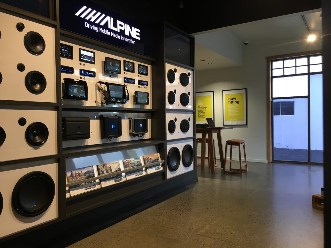 Alpine car audio demo board at Driven Sound Vision, 3/225 Wellington Street Launceston, Tasmania